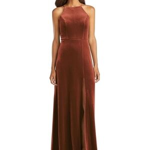NWT Lovely Harper Velvet Halter Maxi Dress with Front Slit Auburn Moon Size 18